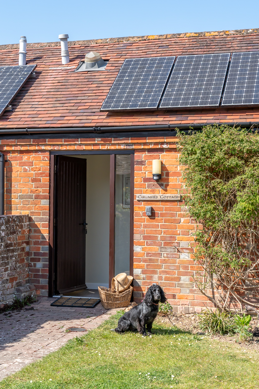 Exterior of Cullimers Cottage with walking boots and a dog, showcasing the dog-friendly accommodation and nature walks available from the door at Canute Cottages